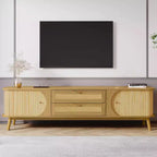 Mobile TV in rattan per TV fino a 75'', mobiletto porta TV con armadietto e cassetti, mobile TV consolle con gambe in legno massello per soggiorno e camera da letto