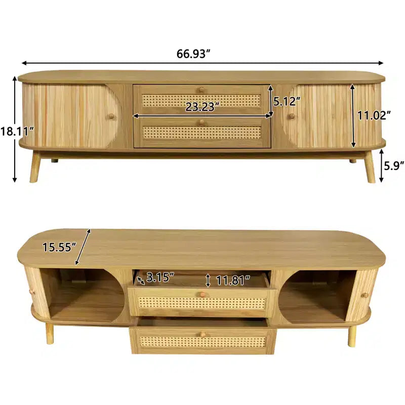 Mobile TV in rattan per TV fino a 75'', mobiletto porta TV con armadietto e cassetti, mobile TV consolle con gambe in legno massello per soggiorno e camera da letto