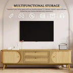 Mobile TV in rattan per TV fino a 75'', mobiletto porta TV con armadietto e cassetti, mobile TV consolle con gambe in legno massello per soggiorno e camera da letto