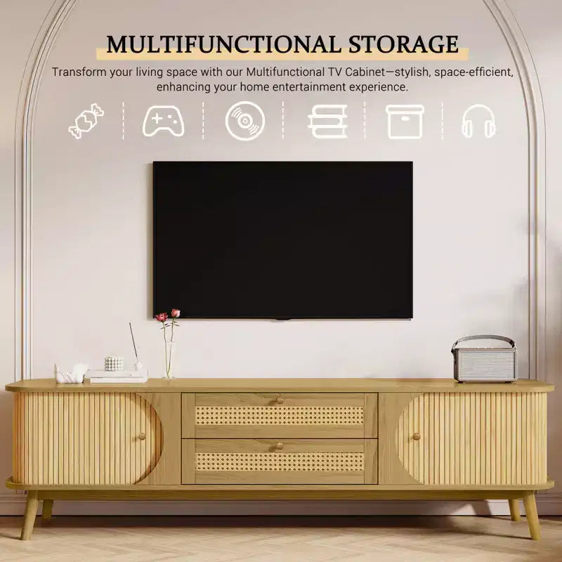 Mobile TV in rattan per TV fino a 75'', mobiletto porta TV con armadietto e cassetti, mobile TV consolle con gambe in legno massello per soggiorno e camera da letto
