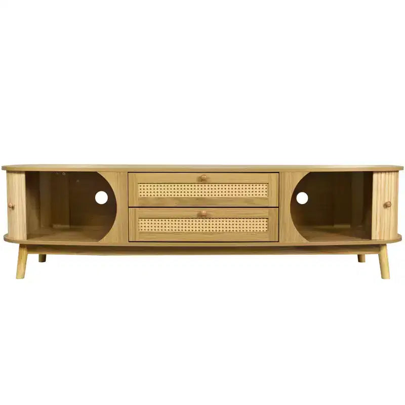 Mobile TV in rattan per TV fino a 75'', mobiletto porta TV con armadietto e cassetti, mobile TV consolle con gambe in legno massello per soggiorno e camera da letto