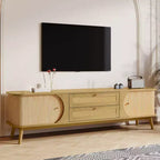 Mobile TV in rattan per TV fino a 75'', mobiletto porta TV con armadietto e cassetti, mobile TV consolle con gambe in legno massello per soggiorno e camera da letto