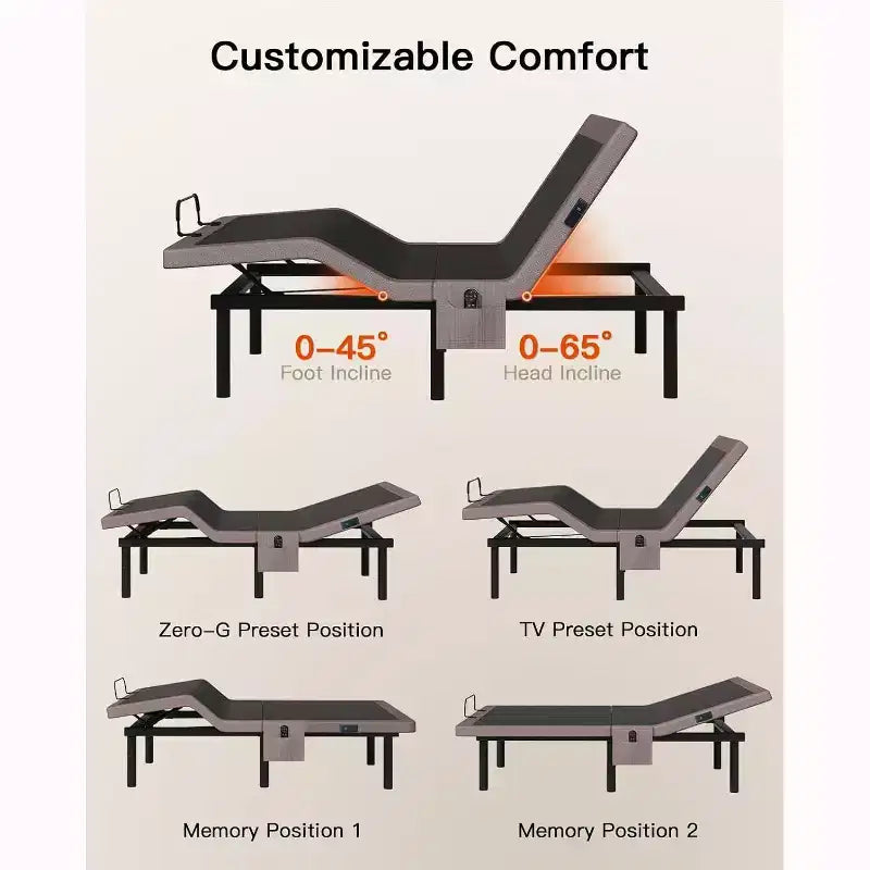 Base letto regolabile Queen Size, Zero Clearance e modalità Zero Gravity, letto elettrico con inclinazione testa/piedi, 4 porte USB e telecomando wireless