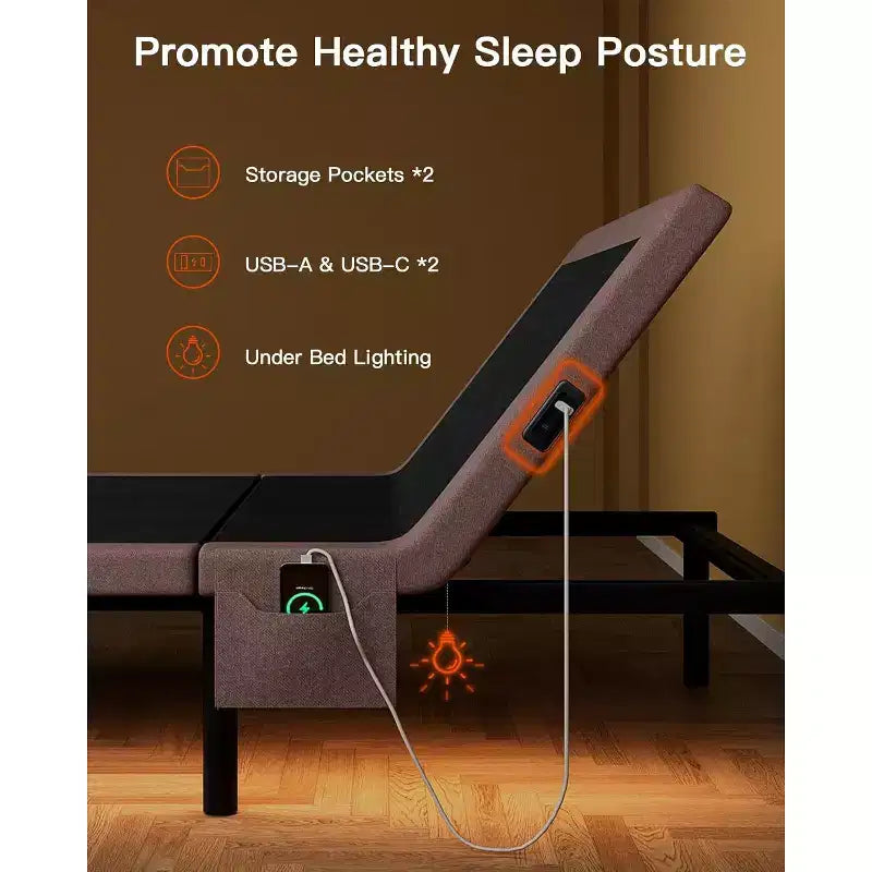 Base letto regolabile Queen Size, Zero Clearance e modalità Zero Gravity, letto elettrico con inclinazione testa/piedi, 4 porte USB e telecomando wireless