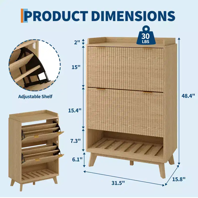 Scarpiere scanalate per ingresso, mobiletto porta scarpe moderno e stretto, ripiano inferiore aperto, 2 cassetti a ribalta, ripiani regolabili