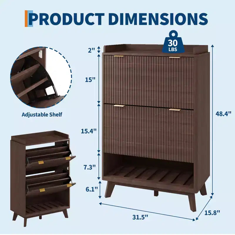 Scarpiere scanalate per ingresso, mobiletto porta scarpe moderno e stretto, ripiano inferiore aperto, 2 cassetti a ribalta, ripiani regolabili