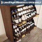 Fluted Shoe Cabinet for Entryway , Modern Narrow Shoe Organizer Storage , Bottom Open Shelf, 2 Flip Drawers, Adjustable Shelves