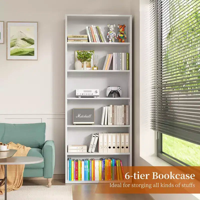 Libreria a 6 ripiani aperta e scaffali, Mensole espositive verticali da 180 cm per ufficio e soggiorno