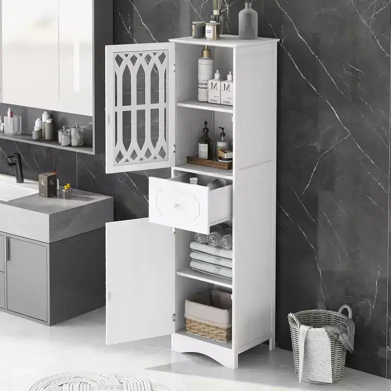Mobile Contenitore alto e autoportante da bagno Leona in legno moderno con cassetto, anta in acrilico e ripiano regolabile