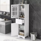 Mobile Contenitore alto e autoportante da bagno Leona in legno moderno con cassetto, anta in acrilico e ripiano regolabile