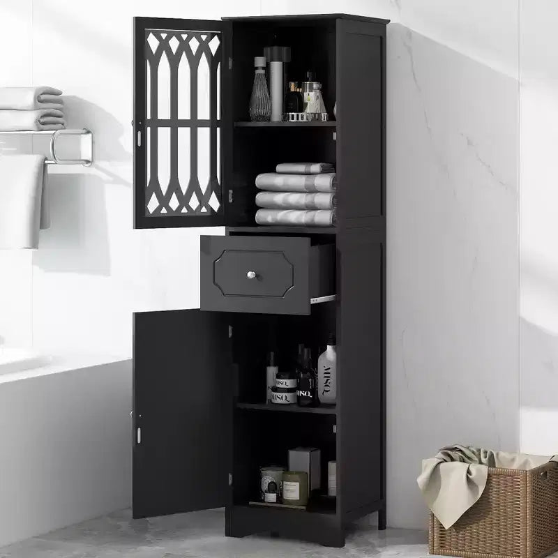 Mobile Contenitore alto e autoportante da bagno Leona in legno moderno con cassetto, anta in acrilico e ripiano regolabile