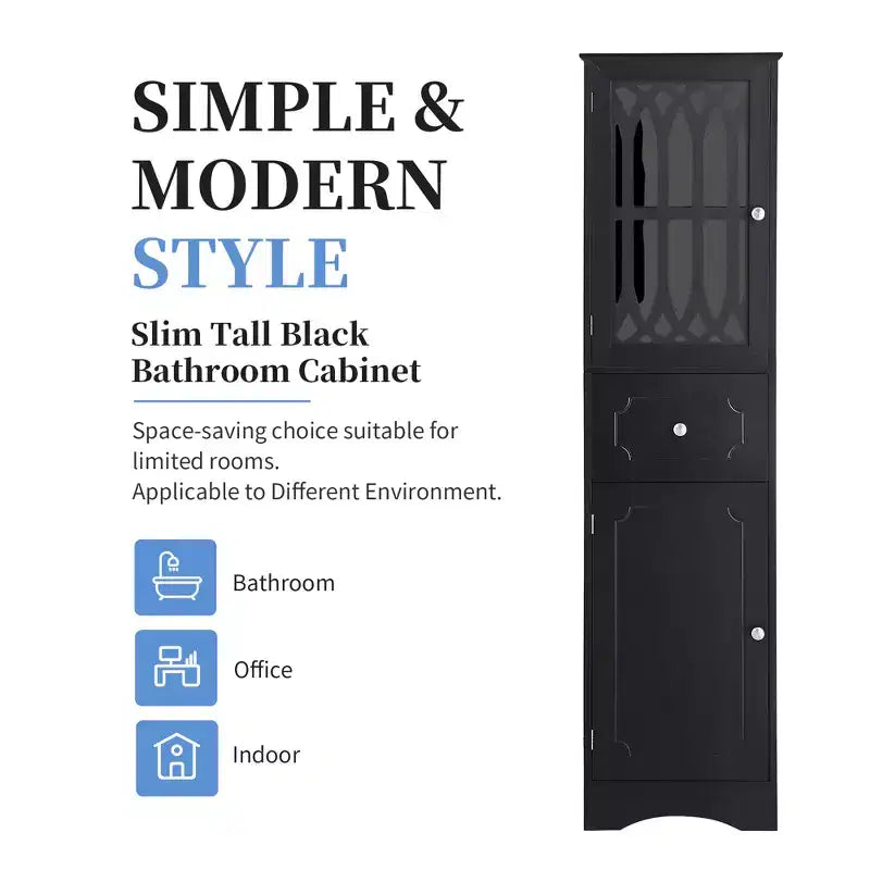 Mobile Contenitore alto e autoportante da bagno Leona in legno moderno con cassetto, anta in acrilico e ripiano regolabile