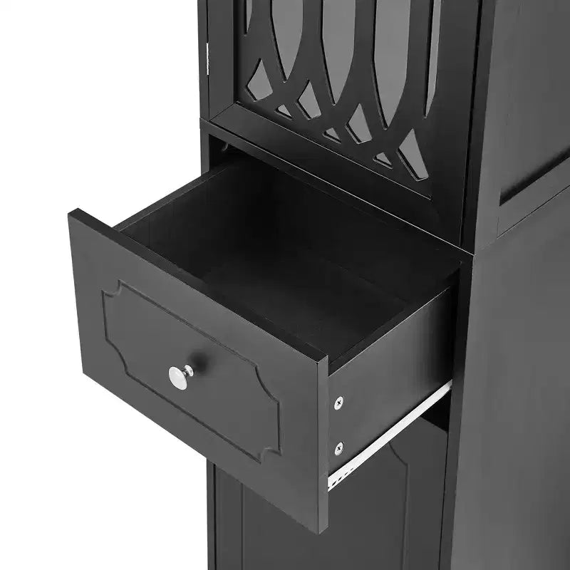 Mobile Contenitore alto e autoportante da bagno Leona in legno moderno con cassetto, anta in acrilico e ripiano regolabile