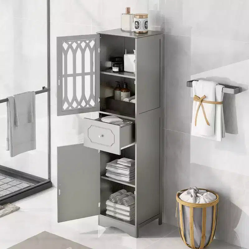 Mobile Contenitore alto e autoportante da bagno Leona in legno moderno con cassetto, anta in acrilico e ripiano regolabile