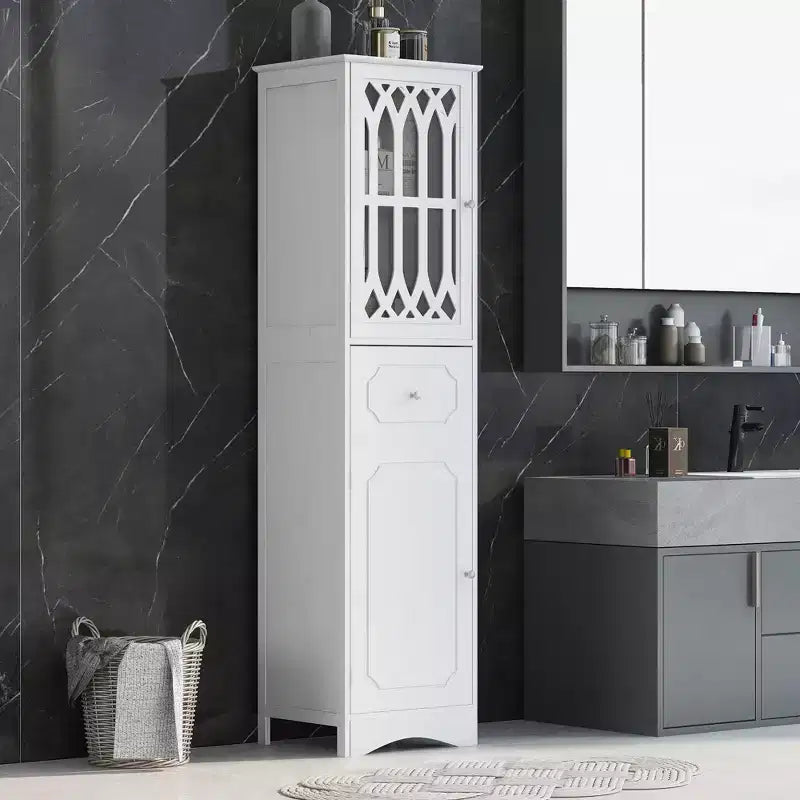Mobile Contenitore alto e autoportante da bagno Leona in legno moderno con cassetto, anta in acrilico e ripiano regolabile
