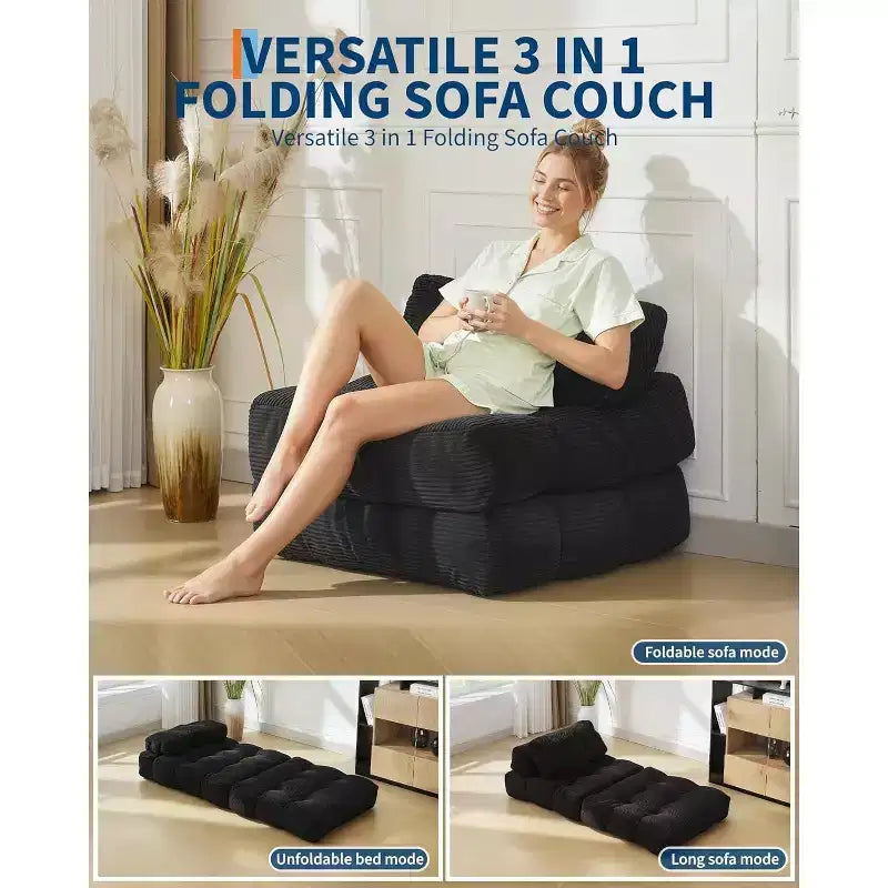 Divano Letto Pieghevole Convertibile con Cuscino, Tasca Laterale e Supporto per la Schiena, Poltrona Sdraio Pieghevole Portatile da Pavimento, Materasso Pieghevole