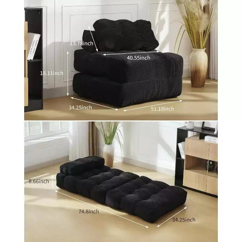 Divano Letto Pieghevole Convertibile con Cuscino, Tasca Laterale e Supporto per la Schiena, Poltrona Sdraio Pieghevole Portatile da Pavimento, Materasso Pieghevole
