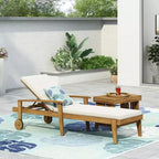 Sdraio da esterno in legno con schienale regolabile in 5 posizioni, lettino da piscina con ruote e cuscino resistente all'acqua per giardino e bordo piscina