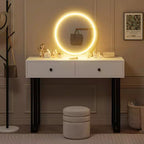 Vanity Makeup Desk with Round Mirror, 40 Small Modern Vanity Desk, Dressing Table with 2 Drawers, Compact Vanity Desk for Bedroom