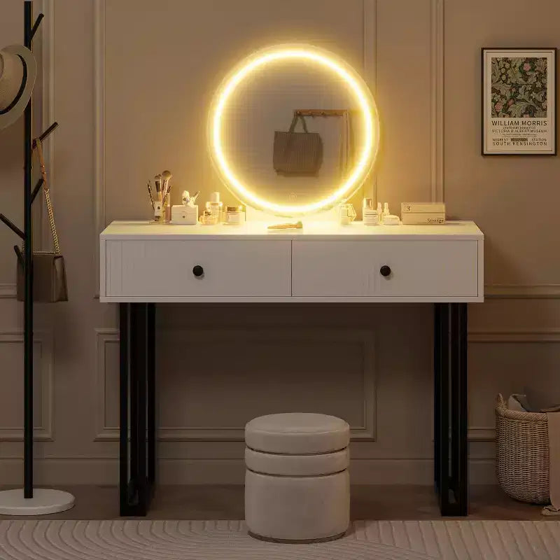 Toeletta da trucco con specchio rotondo, piccola toeletta moderna da 40", tavolo da trucco con 2 cassetti, toeletta compatta per camera da letto