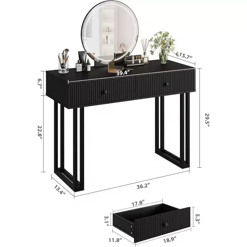 Toeletta da trucco con specchio rotondo, piccola toeletta moderna da 40", tavolo da trucco con 2 cassetti, toeletta compatta per camera da letto
