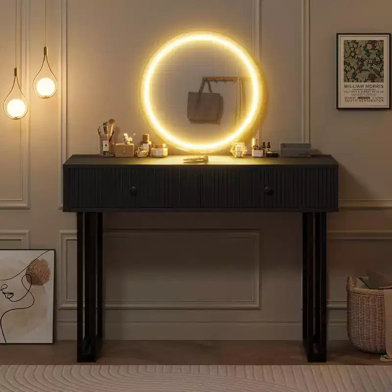 Toeletta da trucco con specchio rotondo, piccola toeletta moderna da 40", tavolo da trucco con 2 cassetti, toeletta compatta per camera da letto