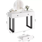 Vanity Makeup Desk with Round Mirror, 40 Small Modern Vanity Desk, Dressing Table with 2 Drawers, Compact Vanity Desk for Bedroom