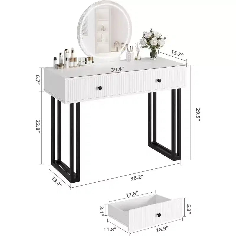 Toeletta da trucco con specchio rotondo, piccola toeletta moderna da 40", tavolo da trucco con 2 cassetti, toeletta compatta per camera da letto