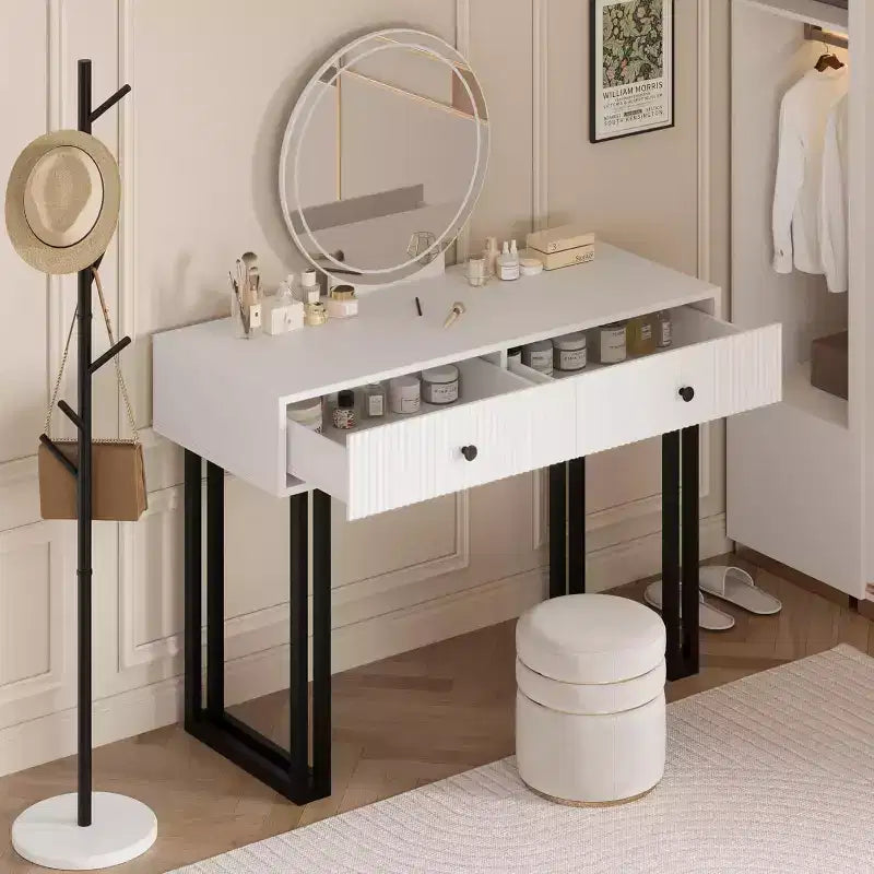 Toeletta da trucco con specchio rotondo, piccola toeletta moderna da 40", tavolo da trucco con 2 cassetti, toeletta compatta per camera da letto