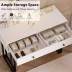 Vanity Makeup Desk with Round Mirror, 40 Small Modern Vanity Desk, Dressing Table with 2 Drawers, Compact Vanity Desk for Bedroom