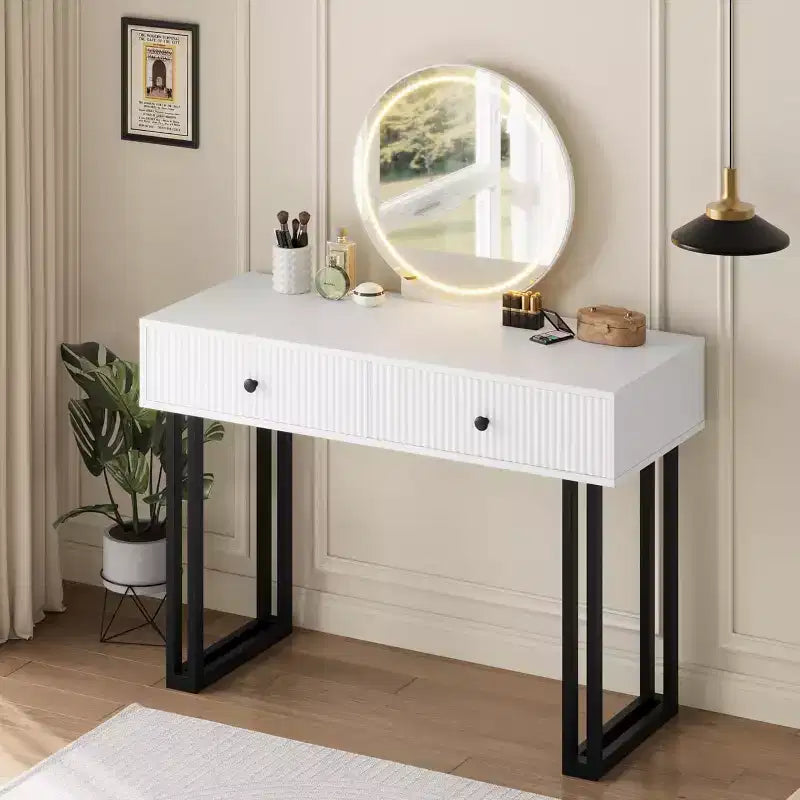 Toeletta da trucco con specchio rotondo, piccola toeletta moderna da 40", tavolo da trucco con 2 cassetti, toeletta compatta per camera da letto
