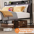 Full Bed Frame with Storage Drawers, Grey Upholstered Headboard Bed with 2-Tier Storage Shelf, Black Metal Platform Bed Frame, No Box Spring Needed
