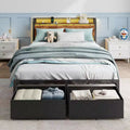 Queen Platform Bed Frame with 2 Storage Drawers Bookcase Headboard Charging Station LED Lights Metal Support No Box Spring