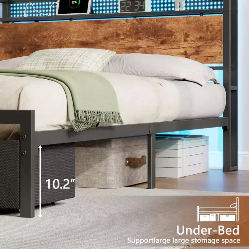 Struttura letto matrimoniale a piattaforma con 2 cassetti portaoggetti Testiera libreria Stazione di ricarica Luci LED Supporto in metallo Nessuna base a molle