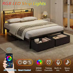 Struttura letto matrimoniale a piattaforma con 2 cassetti portaoggetti Testiera libreria Stazione di ricarica Luci LED Supporto in metallo Nessuna base a molle