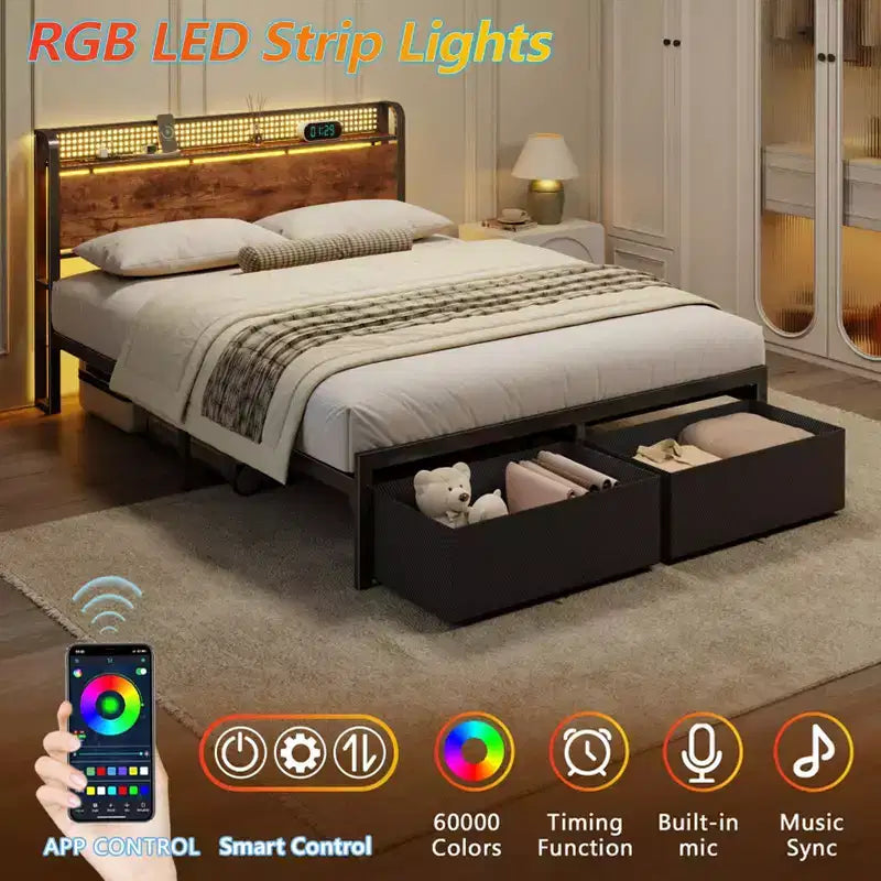 Struttura letto matrimoniale a piattaforma con 2 cassetti portaoggetti Testiera libreria Stazione di ricarica Luci LED Supporto in metallo Nessuna base a molle