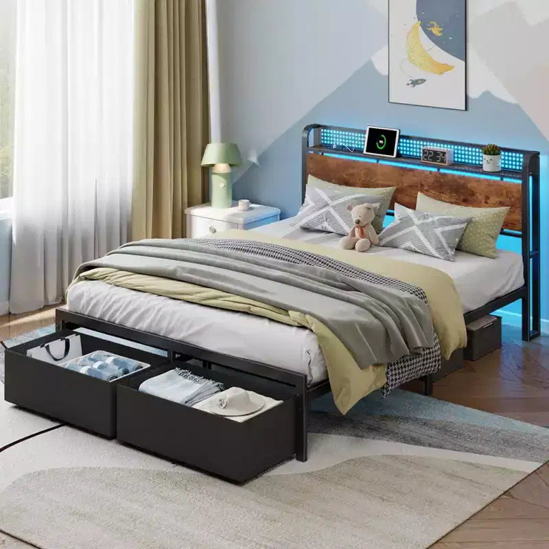 Struttura letto matrimoniale a piattaforma con 2 cassetti portaoggetti Testiera libreria Stazione di ricarica Luci LED Supporto in metallo Nessuna base a molle