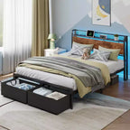 Struttura letto matrimoniale a piattaforma con 2 cassetti portaoggetti Testiera libreria Stazione di ricarica Luci LED Supporto in metallo Nessuna base a molle