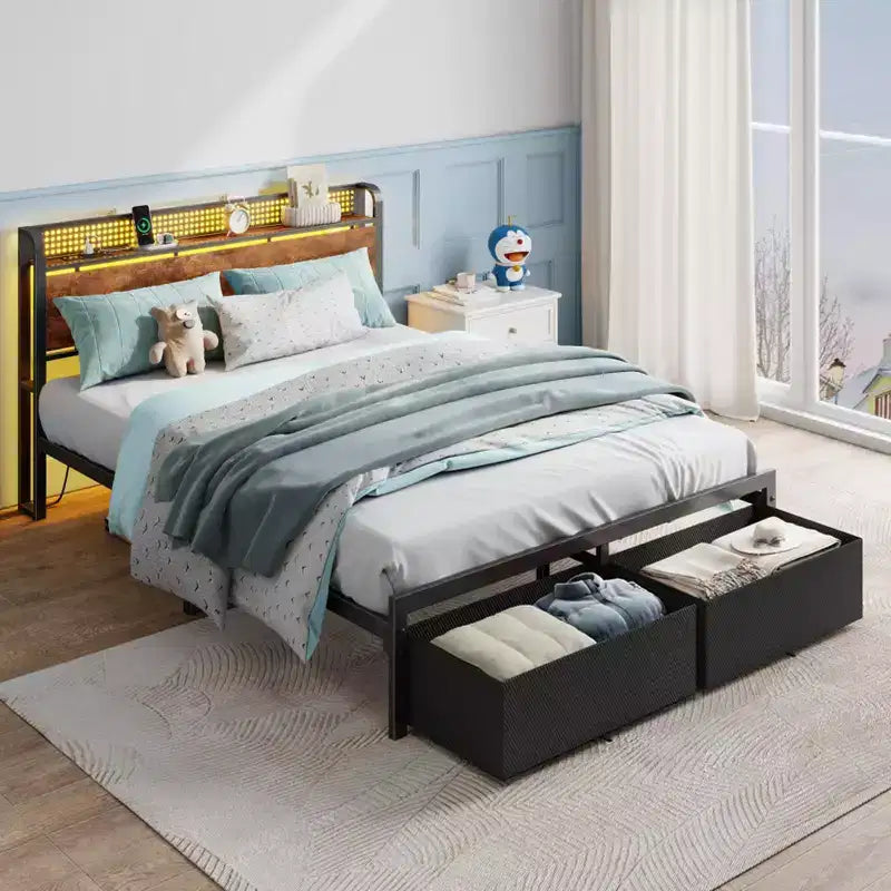 Struttura letto matrimoniale a piattaforma con 2 cassetti portaoggetti Testiera libreria Stazione di ricarica Luci LED Supporto in metallo Nessuna base a molle