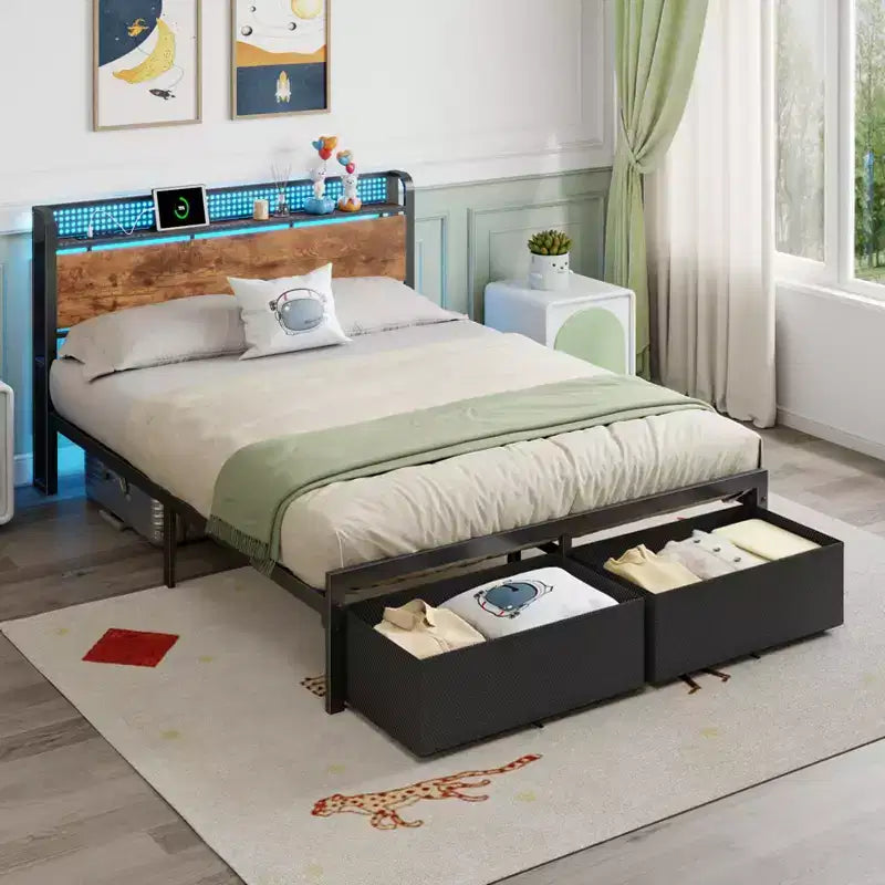 Struttura letto matrimoniale a piattaforma con 2 cassetti portaoggetti Testiera libreria Stazione di ricarica Luci LED Supporto in metallo Nessuna base a molle