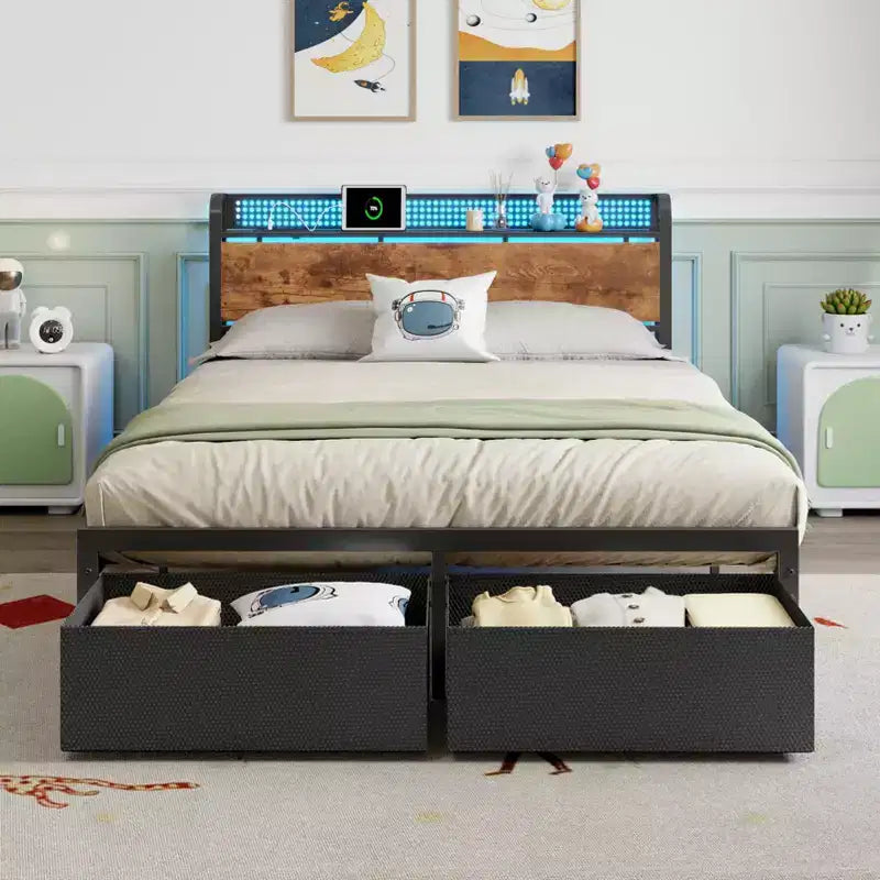 Struttura letto matrimoniale a piattaforma con 2 cassetti portaoggetti Testiera libreria Stazione di ricarica Luci LED Supporto in metallo Nessuna base a molle