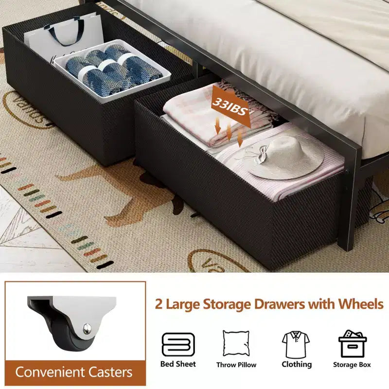 Struttura letto matrimoniale a piattaforma con 2 cassetti portaoggetti Testiera libreria Stazione di ricarica Luci LED Supporto in metallo Nessuna base a molle