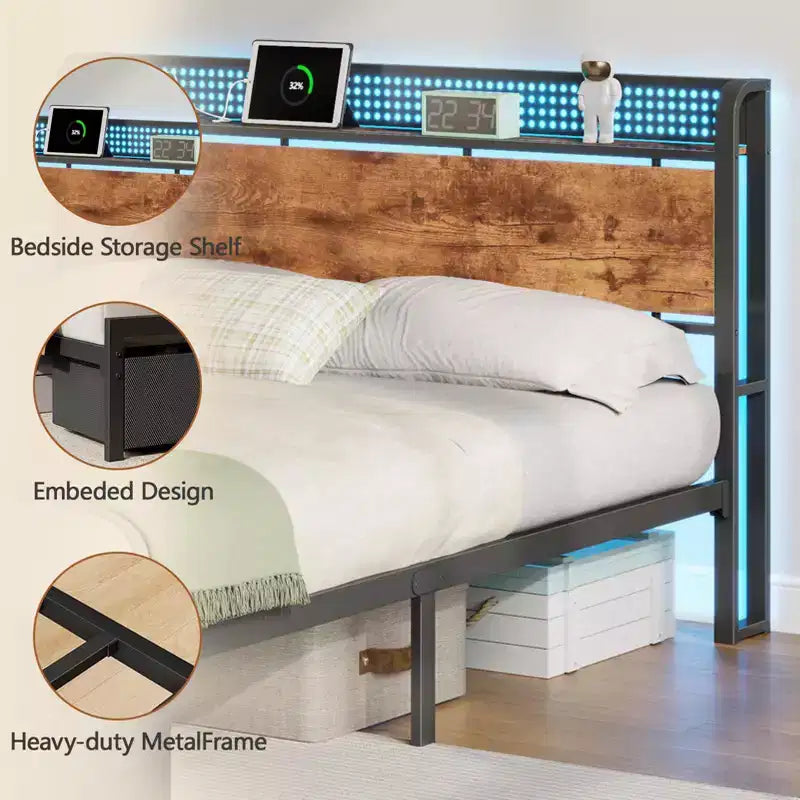 Struttura letto matrimoniale a piattaforma con 2 cassetti portaoggetti Testiera libreria Stazione di ricarica Luci LED Supporto in metallo Nessuna base a molle