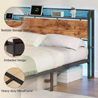 Struttura letto matrimoniale a piattaforma con 2 cassetti portaoggetti Testiera libreria Stazione di ricarica Luci LED Supporto in metallo Nessuna base a molle