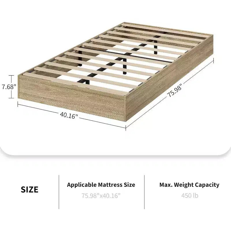 Telaio letto a piattaforma in legno massello, misura singola, doghe in legno robuste, stile moderno minimalista, autoportante, salvaspazio, non richiede la rete a molle