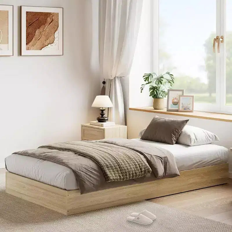 Telaio letto a piattaforma in legno massello, misura singola, doghe in legno robuste, stile moderno minimalista, autoportante, salvaspazio, non richiede la rete a molle