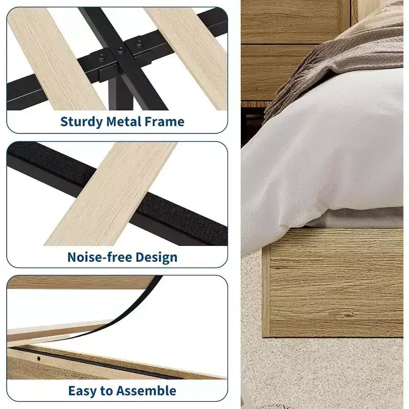 Telaio letto a piattaforma in legno massello, misura singola, doghe in legno robuste, stile moderno minimalista, autoportante, salvaspazio, non richiede la rete a molle