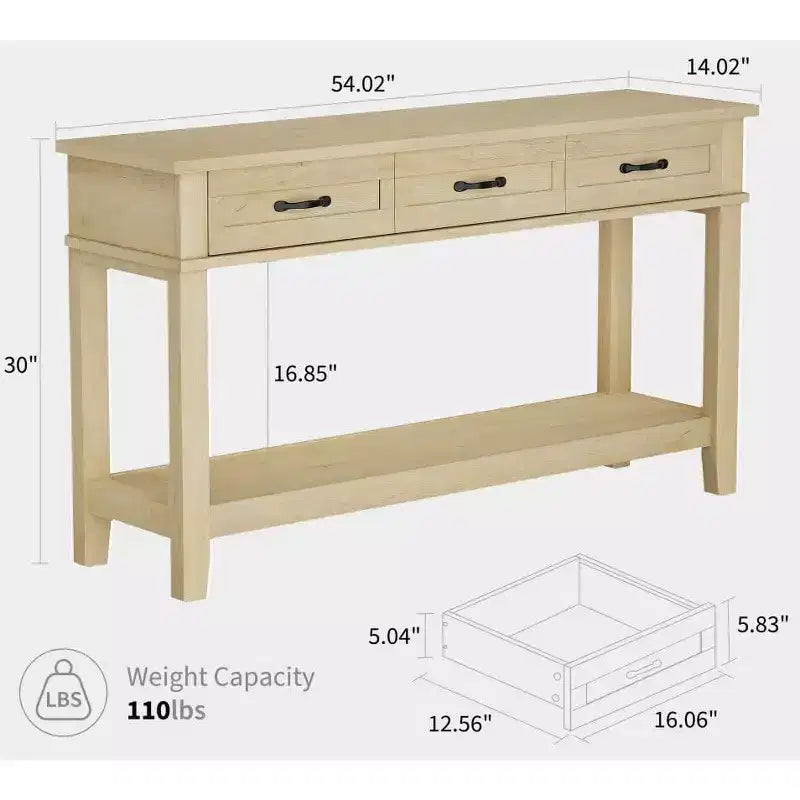 Tavolo da ingresso stile rustico, consolle a 3 ripiani con 3 cassetti, tavolino da divano in legno da 54" per ingresso, soggiorno, corridoio