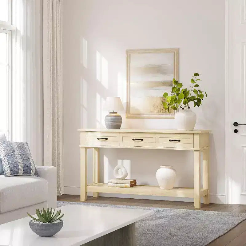 Tavolo da ingresso stile rustico, consolle a 3 ripiani con 3 cassetti, tavolino da divano in legno da 54" per ingresso, soggiorno, corridoio