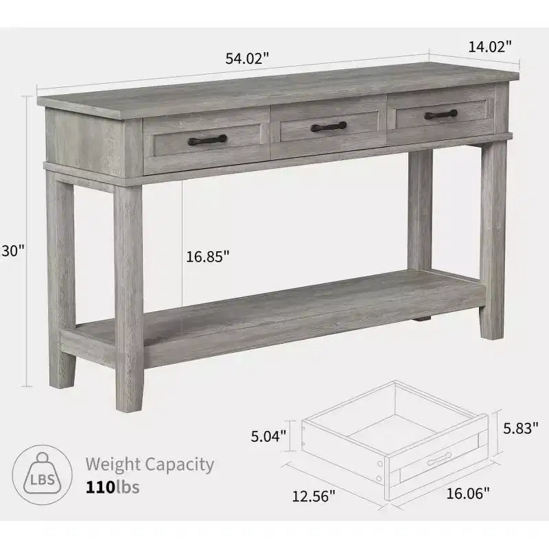 Tavolo da ingresso stile rustico, consolle a 3 ripiani con 3 cassetti, tavolino da divano in legno da 54" per ingresso, soggiorno, corridoio